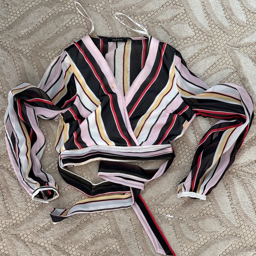 Papaya Striped Wrap Blouse in Pink, Black & Gold